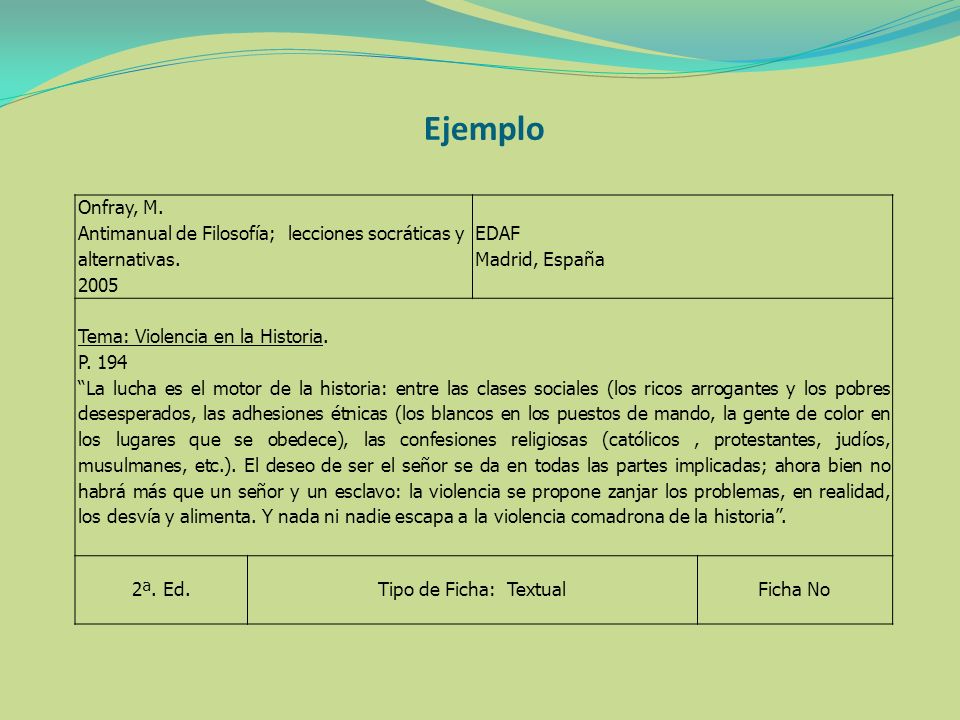 Ejemplo Onfray, M. Antimanual de Filosofía; lecciones socráticas y alternativas EDAF. Madrid, España.