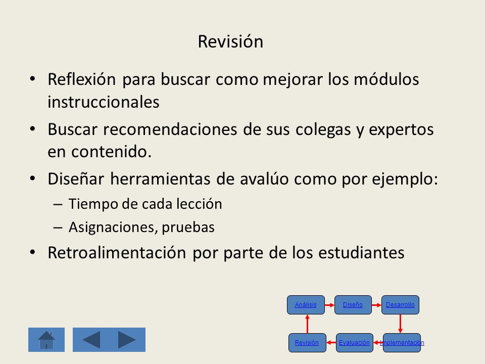 Revisión Reflexión para buscar como mejorar los módulos instruccionales. Buscar recomendaciones de sus colegas y expertos en contenido.
