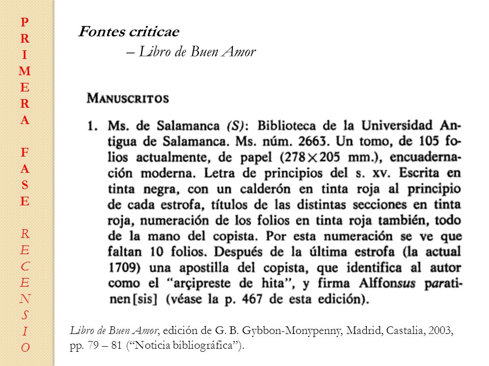 Fontes criticae – Libro de Buen Amor P R I M E A F S C N O