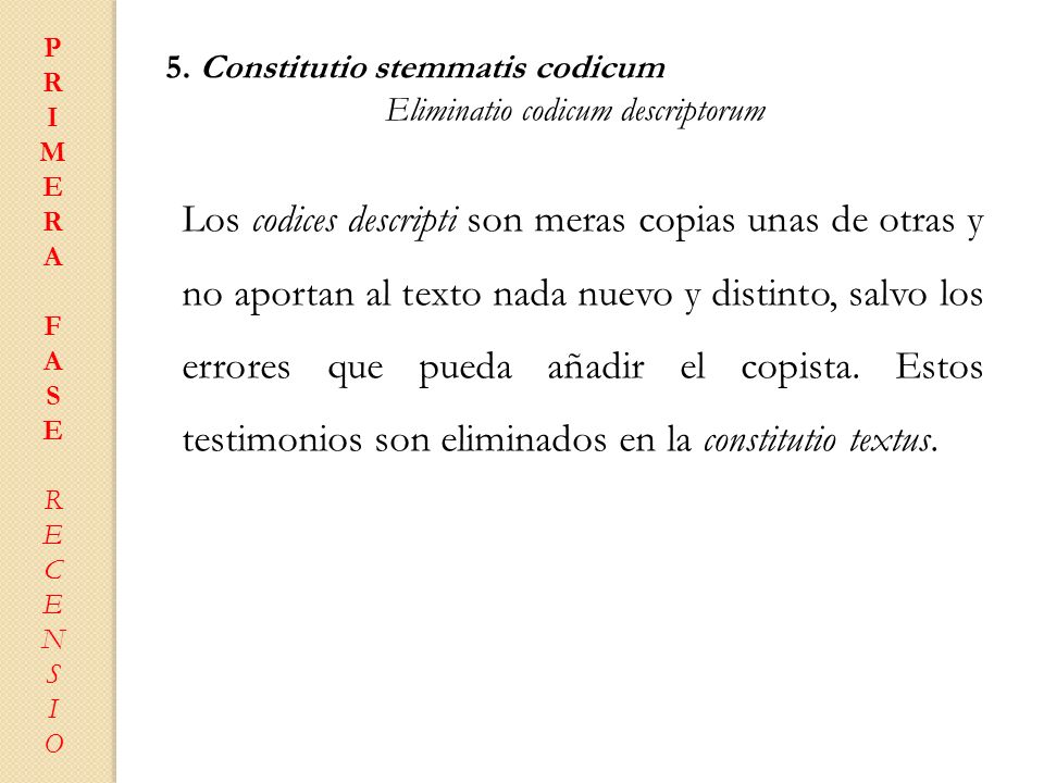 P R. I. M. E. A. F. S. C. N. O. 5. Constitutio stemmatis codicum. Eliminatio codicum descriptorum.