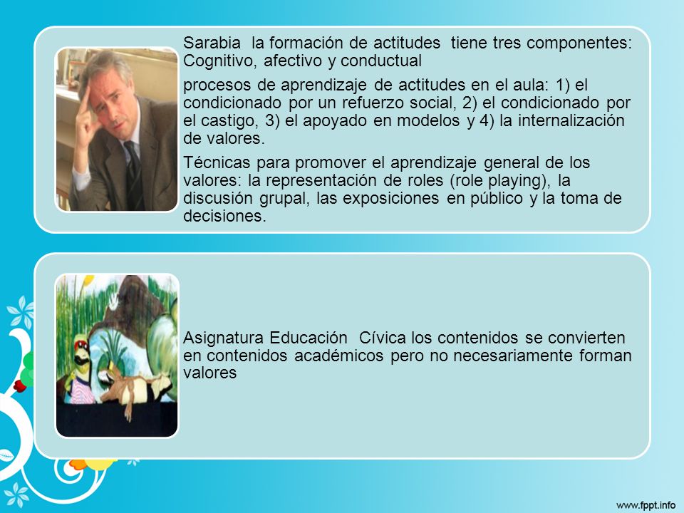 Técnicas para promover el aprendizaje general de los valores: la representación de roles (role playing), la discusión grupal, las exposiciones en público y la toma de decisiones.