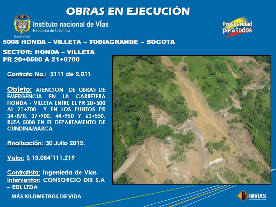 OBRAS EN EJECUCIÓN 5008 HONDA – VILLETA – TOBIAGRANDE – BOGOTA. SECTOR: HONDA – VILLETA. PR A