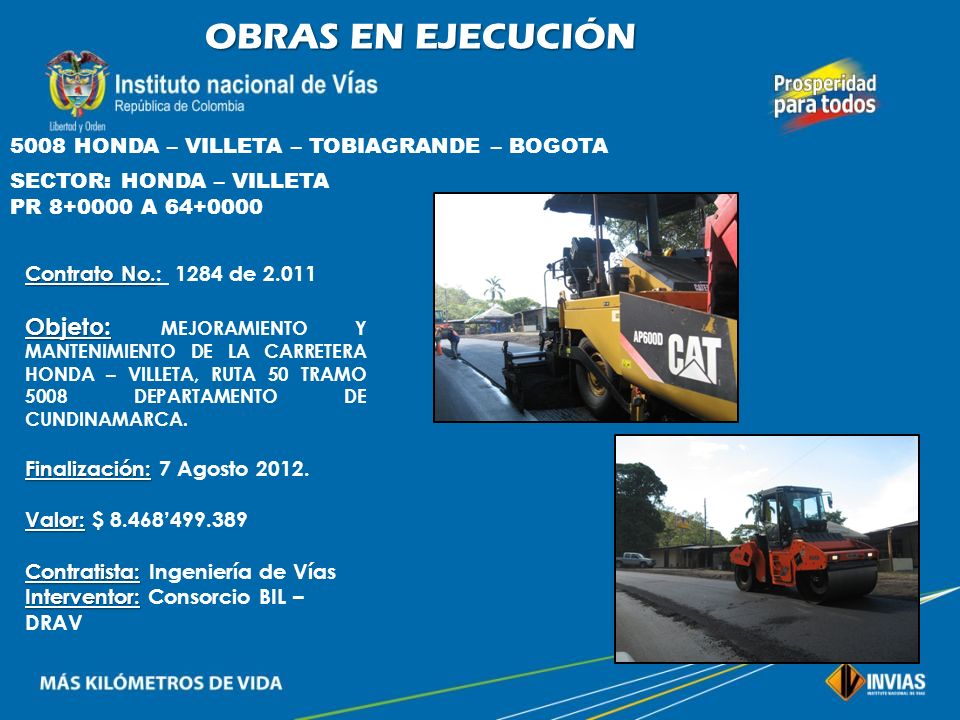 OBRAS EN EJECUCIÓN 5008 HONDA – VILLETA – TOBIAGRANDE – BOGOTA. SECTOR: HONDA – VILLETA. PR A