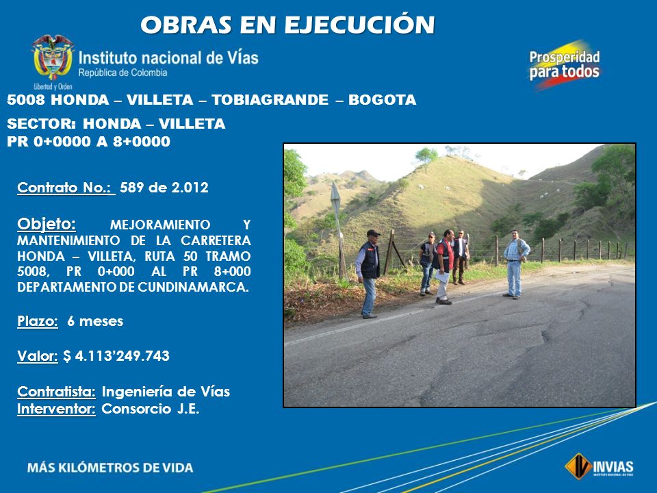 OBRAS EN EJECUCIÓN 5008 HONDA – VILLETA – TOBIAGRANDE – BOGOTA. SECTOR: HONDA – VILLETA. PR A