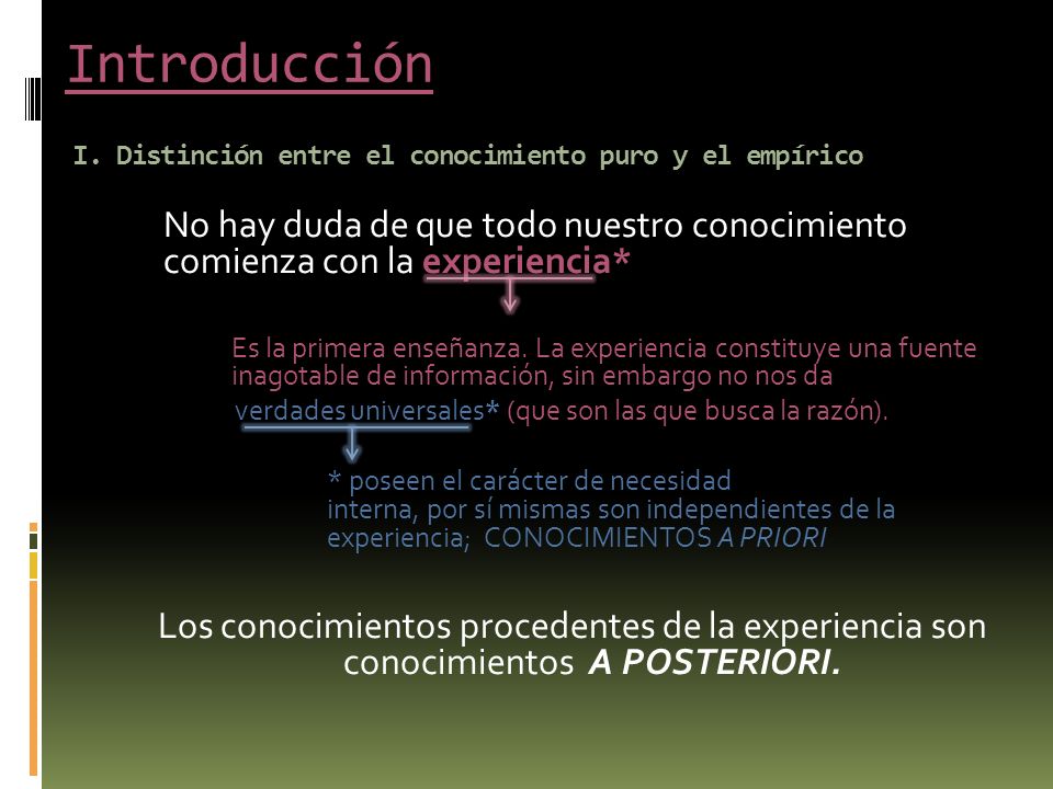 Introducción I. Distinción entre el conocimiento puro y el empírico. No hay duda de que todo nuestro conocimiento comienza con la experiencia*