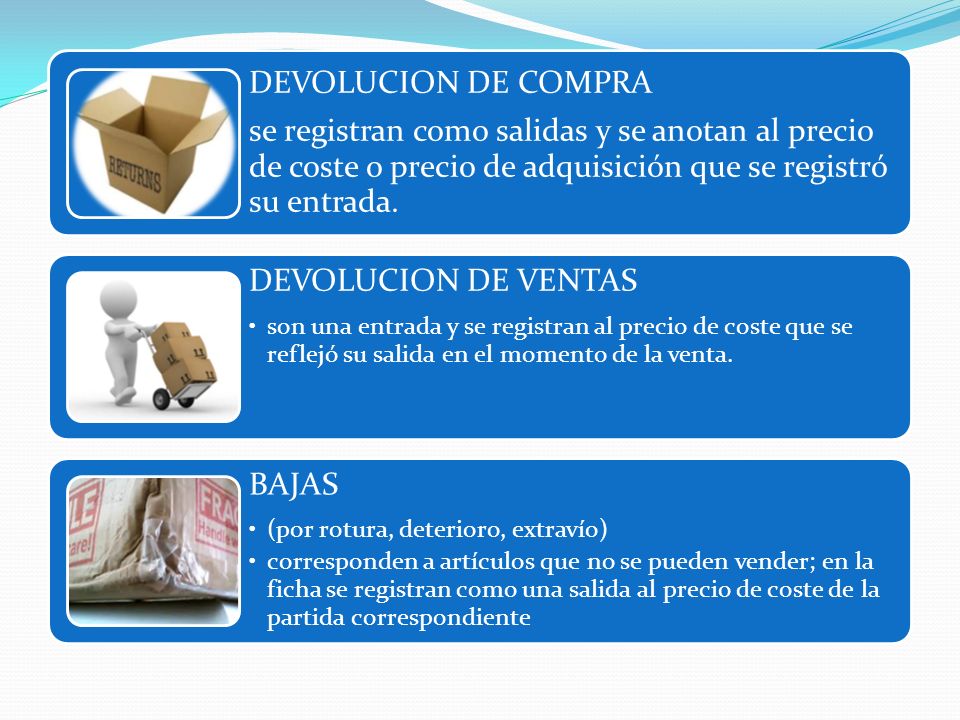 DEVOLUCION DE COMPRA se registran como salidas y se anotan al precio de coste o precio de adquisición que se registró su entrada.