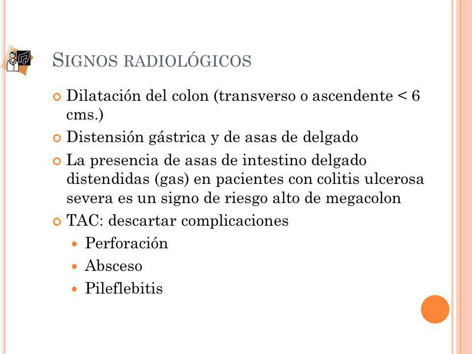 Signos radiológicos Dilatación del colon (transverso o ascendente < 6 cms.) Distensión gástrica y de asas de delgado.