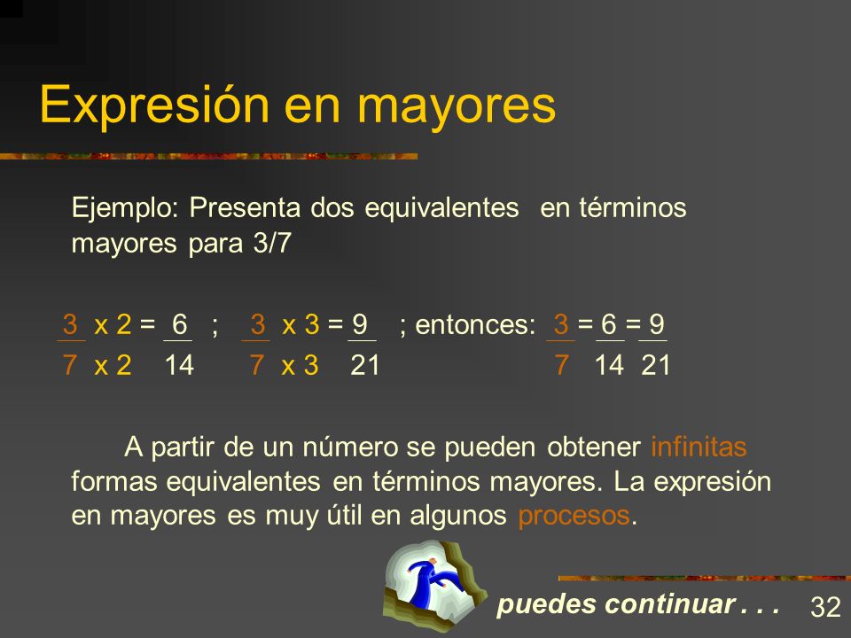 Expresión en mayores Ejemplo: Presenta dos equivalentes en términos mayores para 3/7. 3 x 2 = 6 ; 3 x 3 = 9 ; entonces: 3 = 6 = 9.