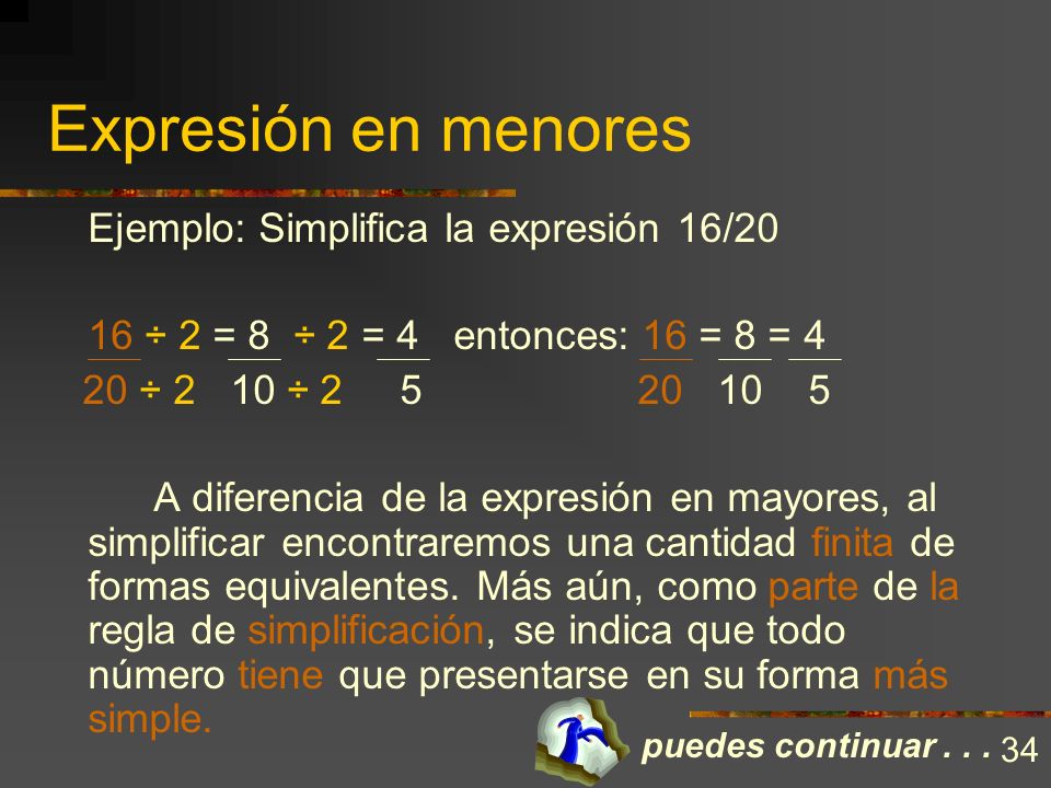 Expresión en menores Ejemplo: Simplifica la expresión 16/20