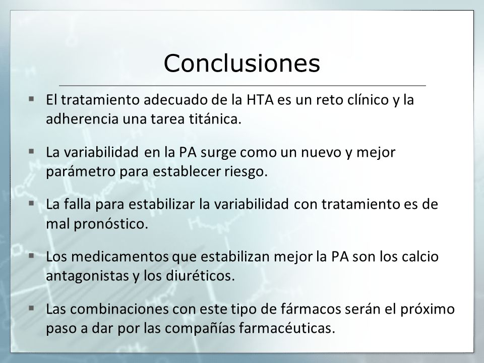Conclusiones El tratamiento adecuado de la HTA es un reto clínico y la adherencia una tarea titánica.