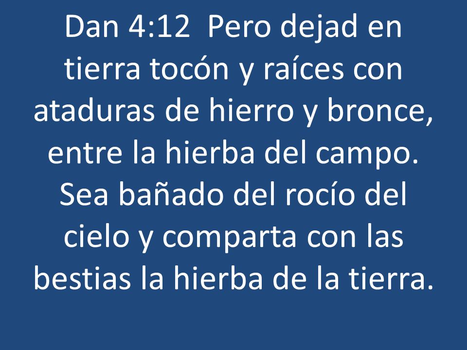 Dan 4:12 Pero dejad en tierra tocón y raíces con ataduras de hierro y bronce, entre la hierba del campo. Sea bañado del rocío del cielo y comparta con las bestias la hierba de la tierra.