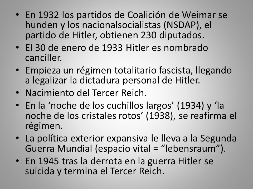 En 1932 los partidos de Coalición de Weimar se hunden y los nacionalsocialistas (NSDAP), el partido de Hitler, obtienen 230 diputados.