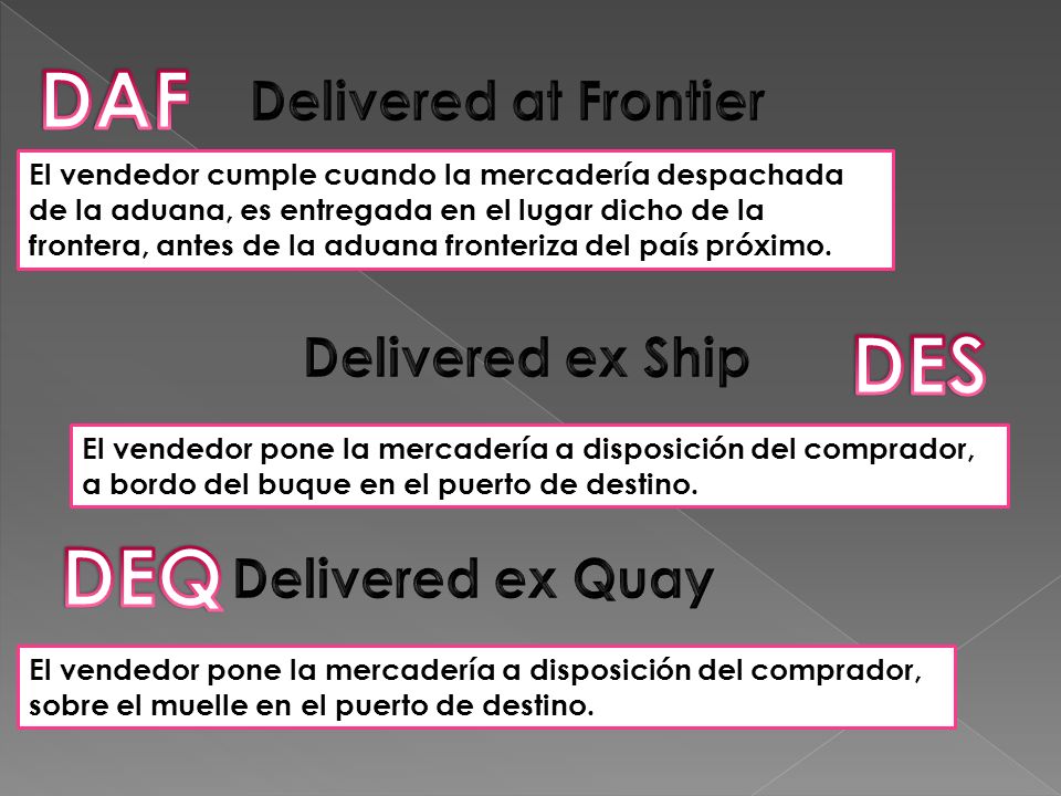 DAF DES DEQ Delivered at Frontier Delivered ex Ship Delivered ex Quay