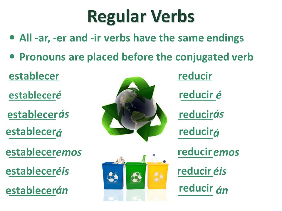 Regular Verbs All -ar, -er and -ir verbs have the same endings