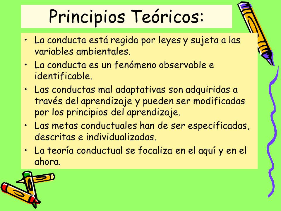 Principios Teóricos: La conducta está regida por leyes y sujeta a las variables ambientales. La conducta es un fenómeno observable e identificable.