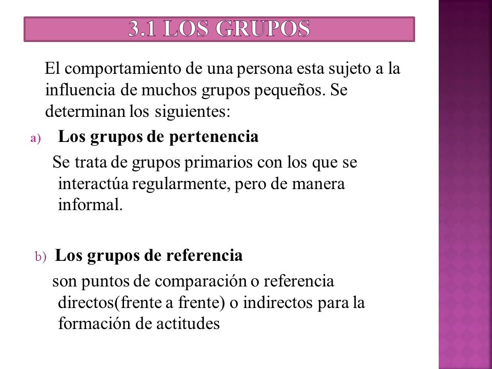 3.1 Los grupos El comportamiento de una persona esta sujeto a la influencia de muchos grupos pequeños. Se determinan los siguientes: