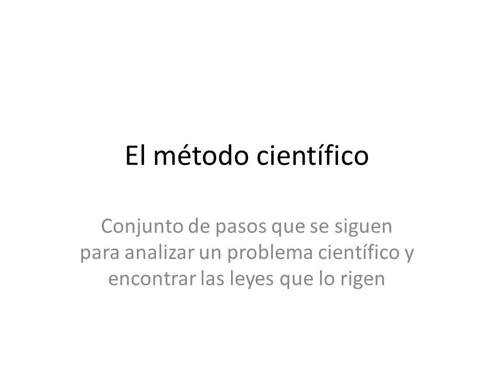 El método científico Conjunto de pasos que se siguen para analizar un problema científico y encontrar las leyes que lo rigen.