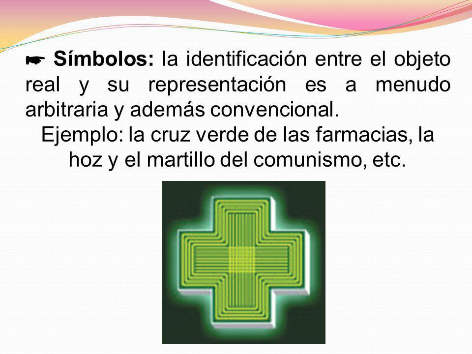 ☛ Símbolos: la identificación entre el objeto real y su representación es a menudo arbitraria y además convencional.