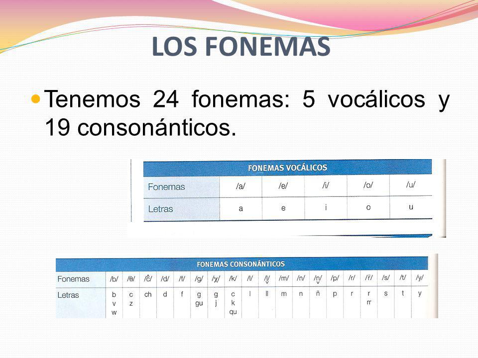 Los fonemas Tenemos 24 fonemas: 5 vocálicos y 19 consonánticos.