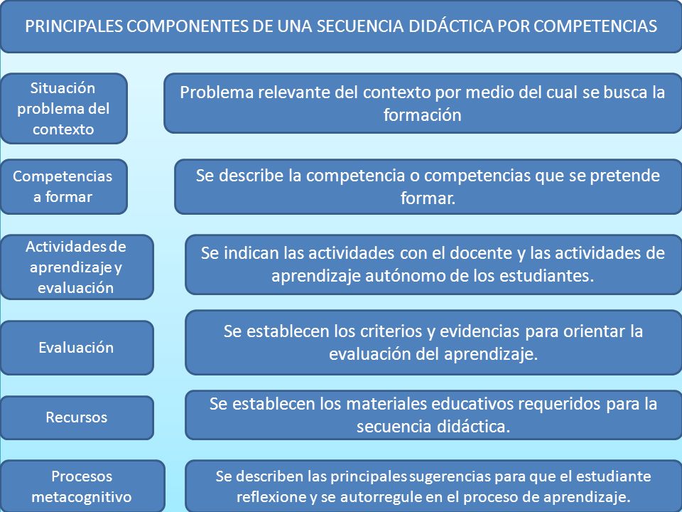 PRINCIPALES COMPONENTES DE UNA SECUENCIA DIDÁCTICA POR COMPETENCIAS