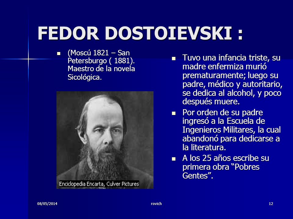 FEDOR DOSTOIEVSKI : (Moscú 1821 – San Petersburgo ( 1881). Maestro de la novela Sicológica.