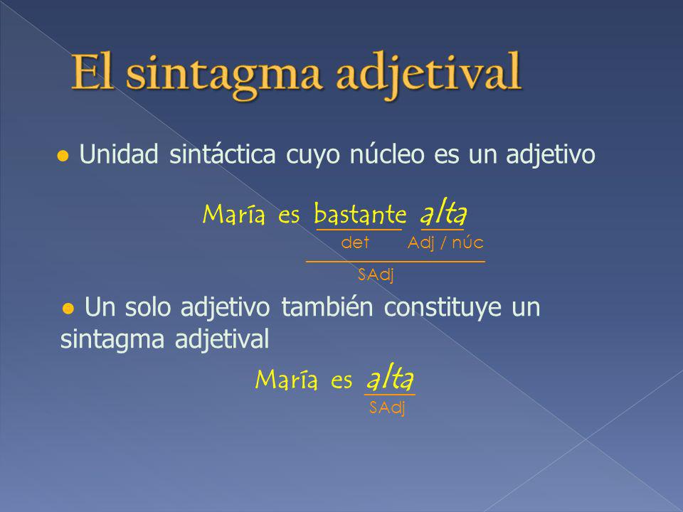 El sintagma adjetival ● Unidad sintáctica cuyo núcleo es un adjetivo