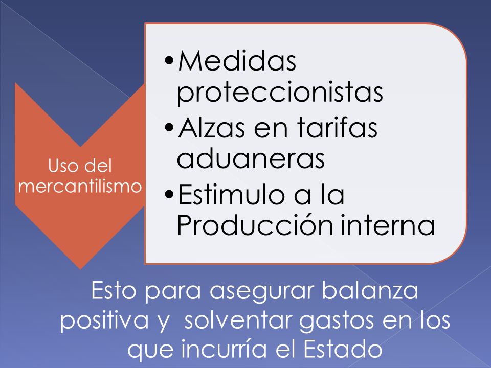Uso del mercantilismo Medidas proteccionistas. Alzas en tarifas aduaneras. Estimulo a la Producción interna.