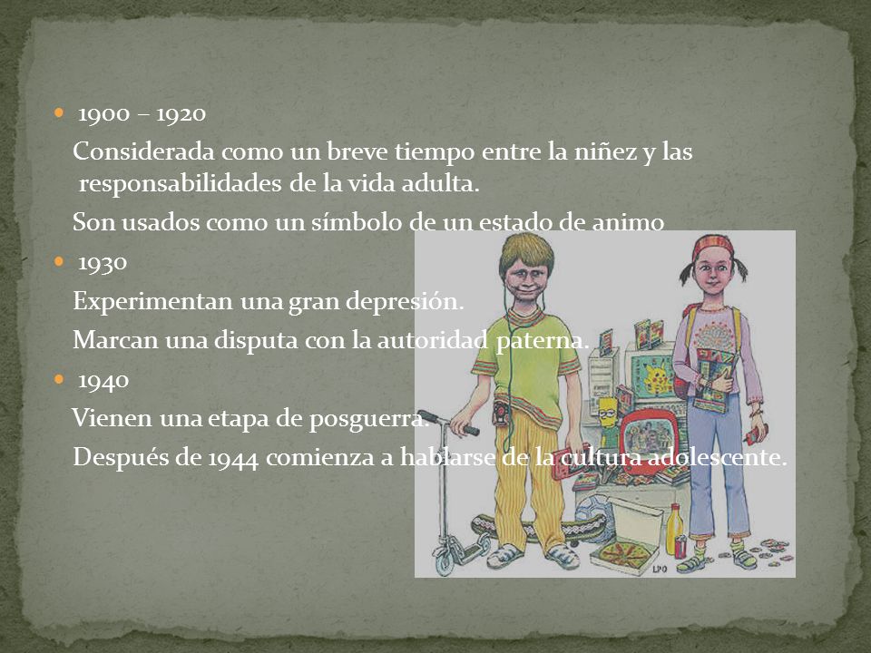 1900 – 1920 Considerada como un breve tiempo entre la niñez y las responsabilidades de la vida adulta.
