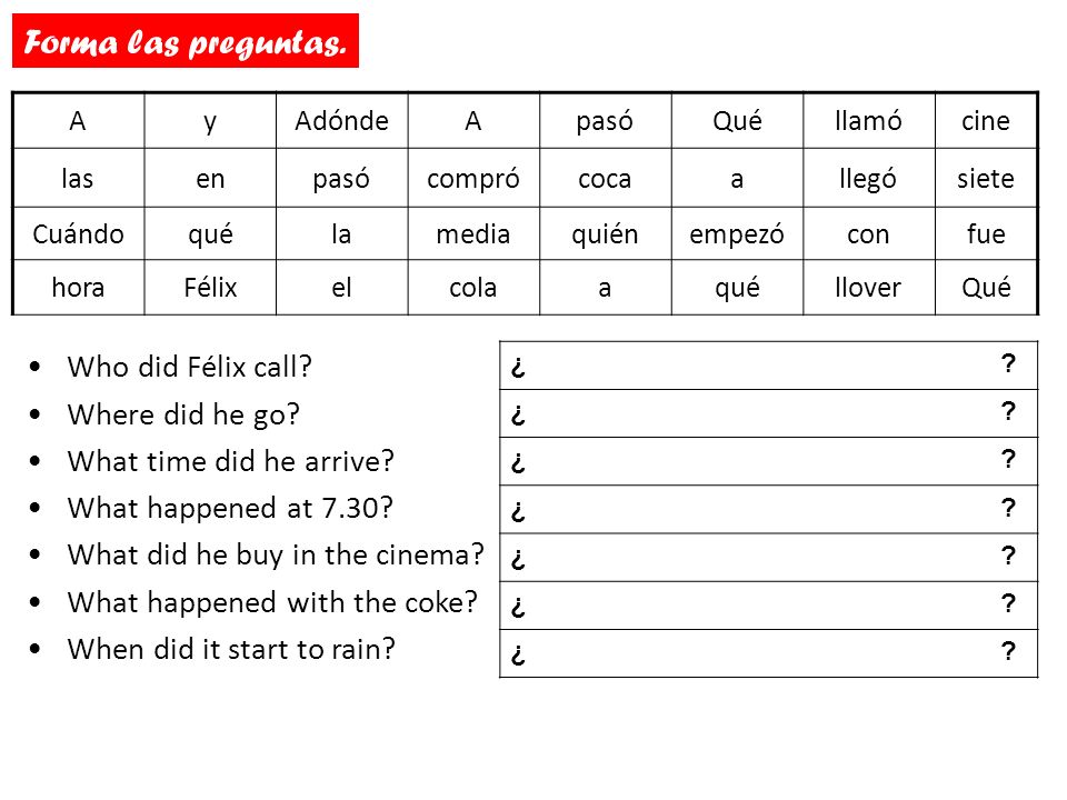 Forma las preguntas. Who did Félix call Where did he go
