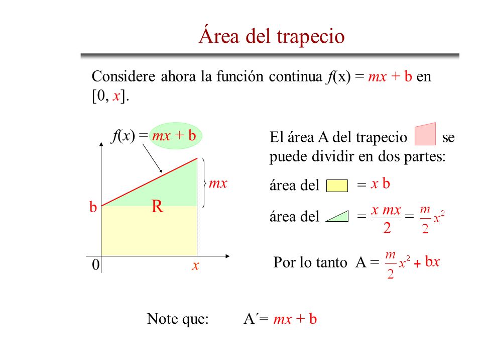 Área del trapecio Considere ahora la función continua f(x) = mx + b en [0, x]. f(x) = mx + b. se.