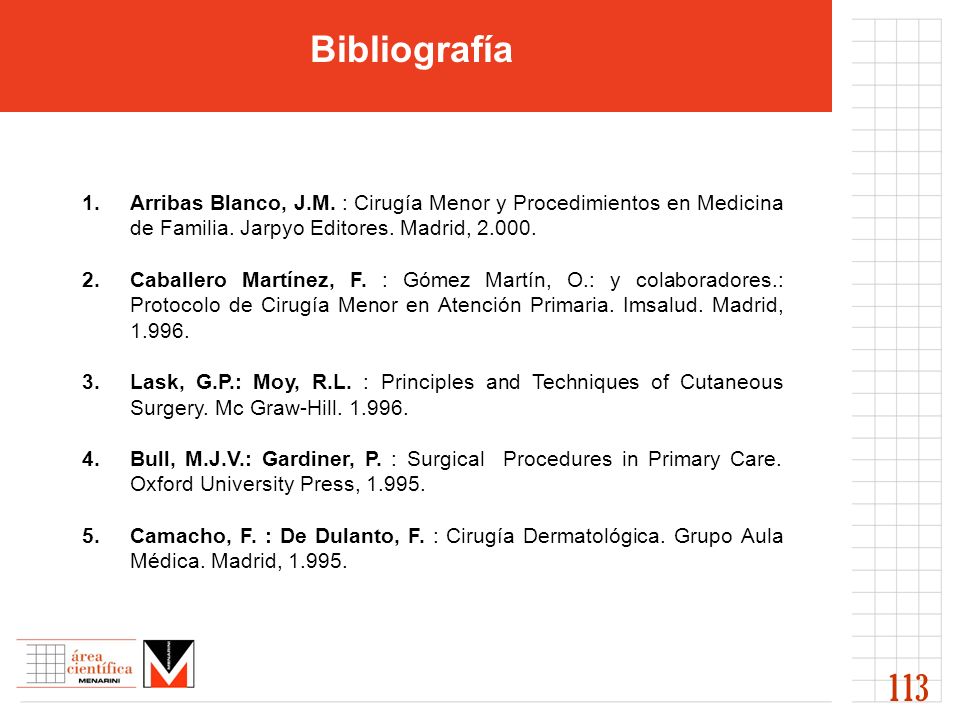 Bibliografía Arribas Blanco, J.M. : Cirugía Menor y Procedimientos en Medicina de Familia. Jarpyo Editores. Madrid,