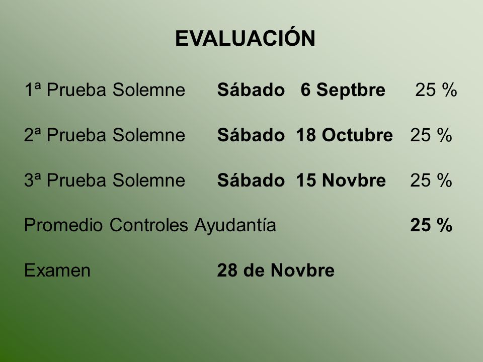 EVALUACIÓN 1ª Prueba Solemne Sábado 6 Septbre 25 %