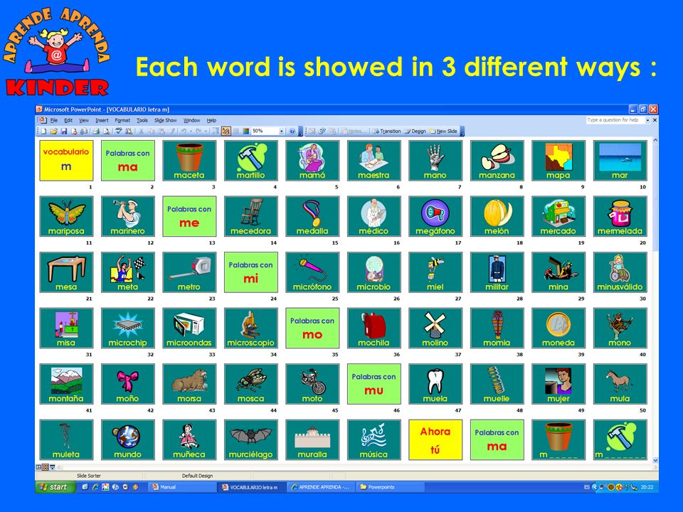 Each word is showed in 3 different ways :