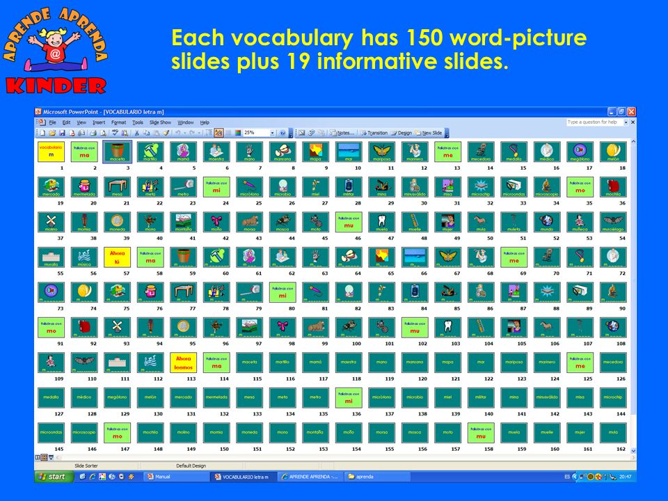 Each vocabulary has 150 word-picture slides plus 19 informative slides.