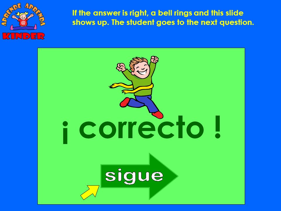 If the answer is right, a bell rings and this slide shows up