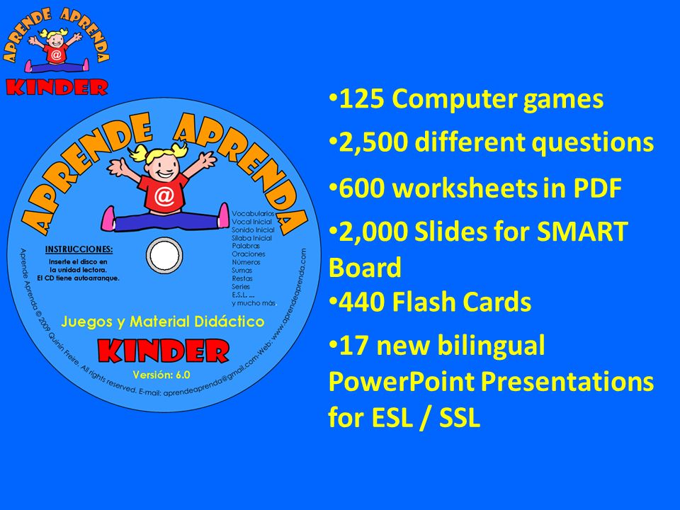 125 Computer games 2,500 different questions. 600 worksheets in PDF. 2,000 Slides for SMART Board.