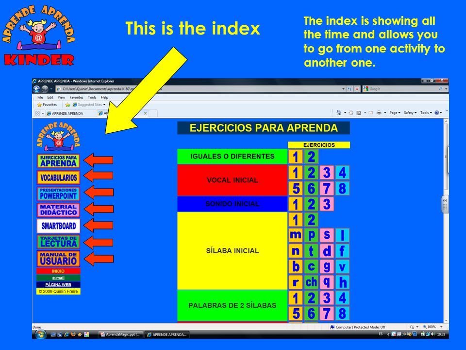 The index is showing all the time and allows you to go from one activity to another one.