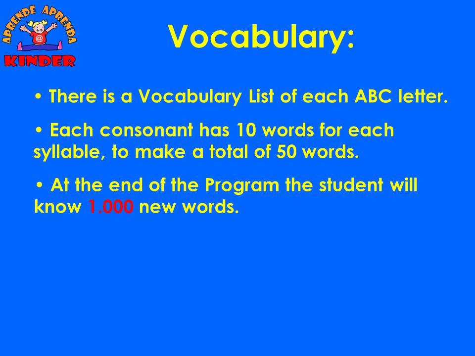 Vocabulary: There is a Vocabulary List of each ABC letter.