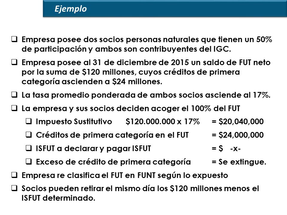 Ejemplo Empresa posee dos socios personas naturales que tienen un 50% de participación y ambos son contribuyentes del IGC.