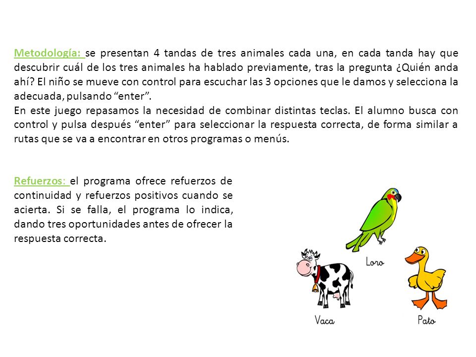 Metodología: se presentan 4 tandas de tres animales cada una, en cada tanda hay que descubrir cuál de los tres animales ha hablado previamente, tras la pregunta ¿Quién anda ahí El niño se mueve con control para escuchar las 3 opciones que le damos y selecciona la adecuada, pulsando enter .