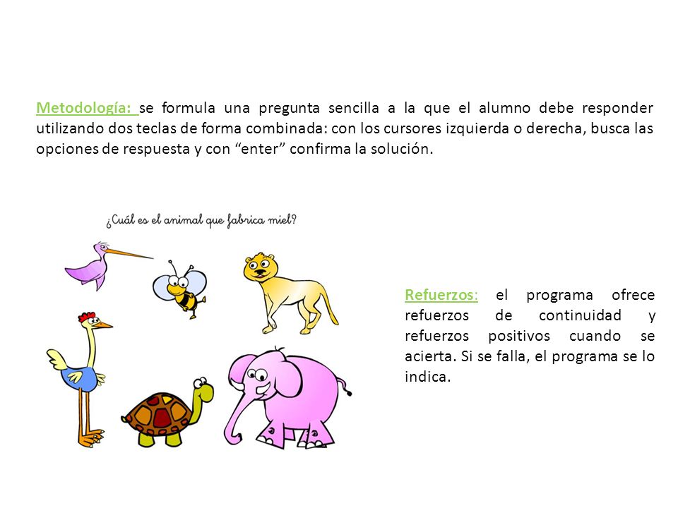 Metodología: se formula una pregunta sencilla a la que el alumno debe responder utilizando dos teclas de forma combinada: con los cursores izquierda o derecha, busca las opciones de respuesta y con enter confirma la solución.
