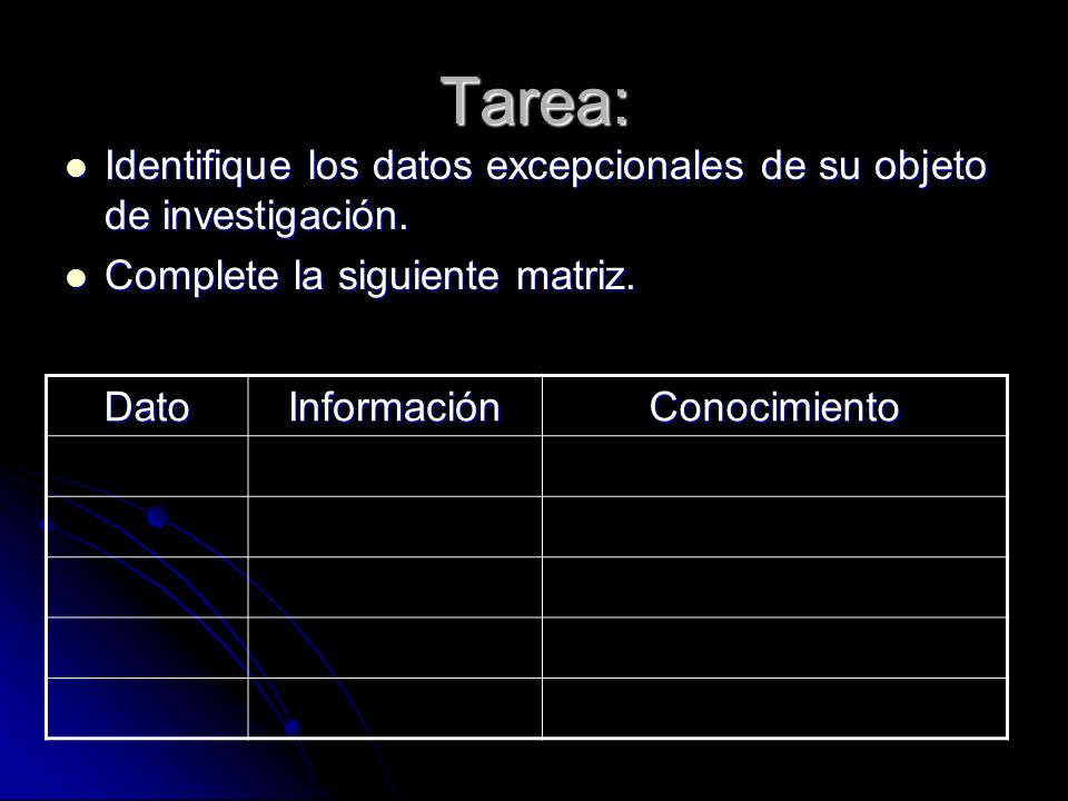 Tarea: Identifique los datos excepcionales de su objeto de investigación. Complete la siguiente matriz.