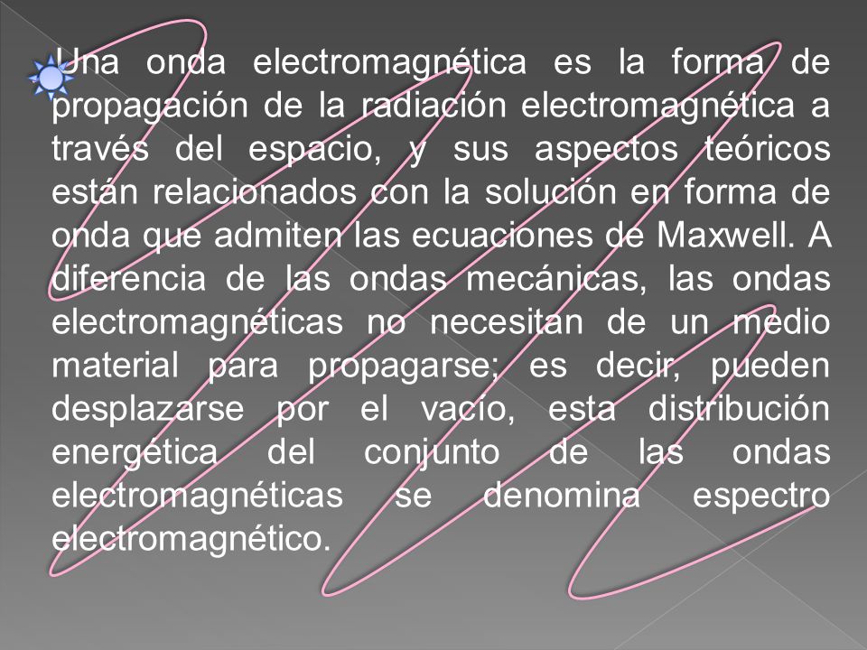 Una onda electromagnética es la forma de propagación de la radiación electromagnética a través del espacio, y sus aspectos teóricos están relacionados con la solución en forma de onda que admiten las ecuaciones de Maxwell.