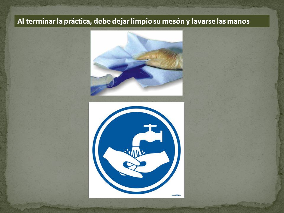 Al terminar la práctica, debe dejar limpio su mesón y lavarse las manos