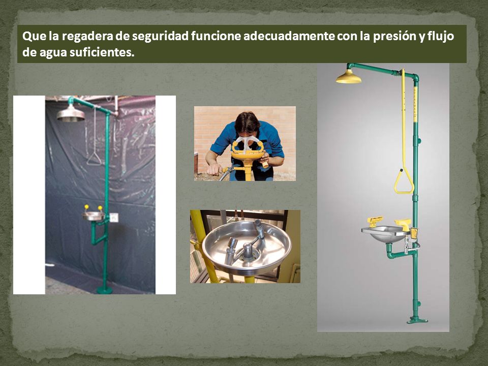 Que la regadera de seguridad funcione adecuadamente con la presión y flujo de agua suficientes.