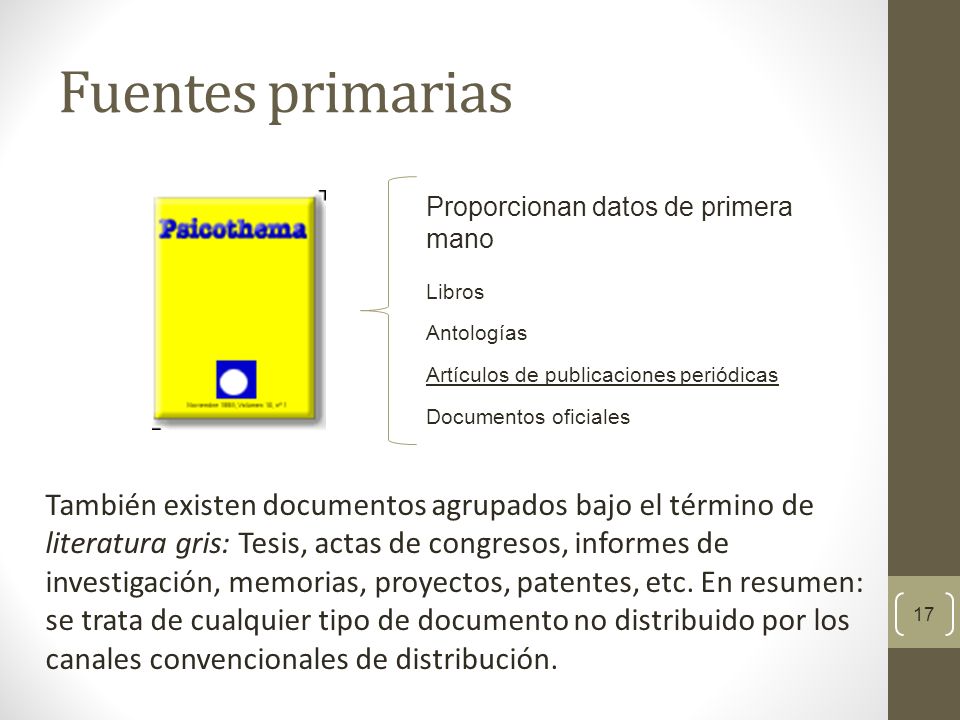 Fuentes primarias Proporcionan datos de primera mano. Libros. Antologías. Artículos de publicaciones periódicas.