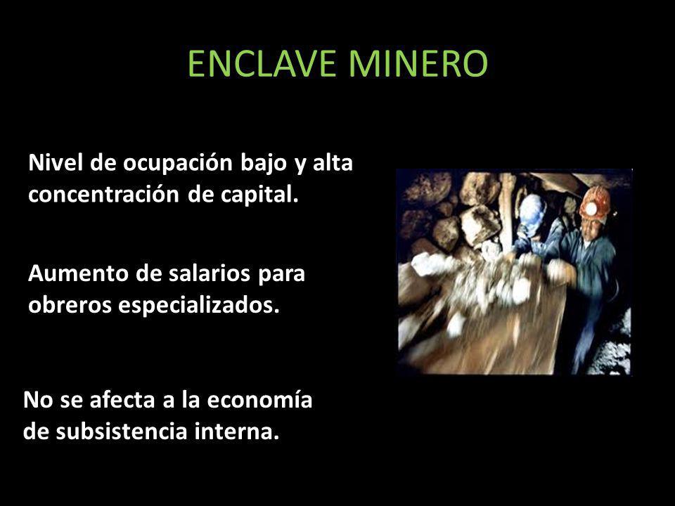 ENCLAVE MINERO Nivel de ocupación bajo y alta concentración de capital. Aumento de salarios para obreros especializados.