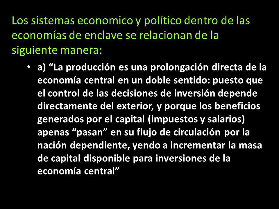 Los sistemas economico y político dentro de las economías de enclave se relacionan de la siguiente manera:
