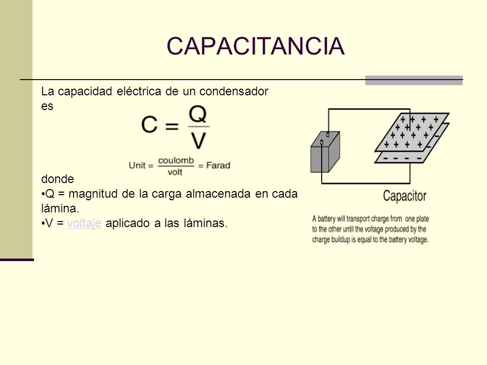 CAPACITANCIA La capacidad eléctrica de un condensador es donde