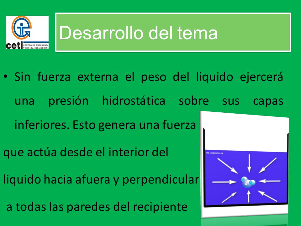 Desarrollo del tema Sin fuerza externa el peso del liquido ejercerá una presión hidrostática sobre sus capas inferiores. Esto genera una fuerza.